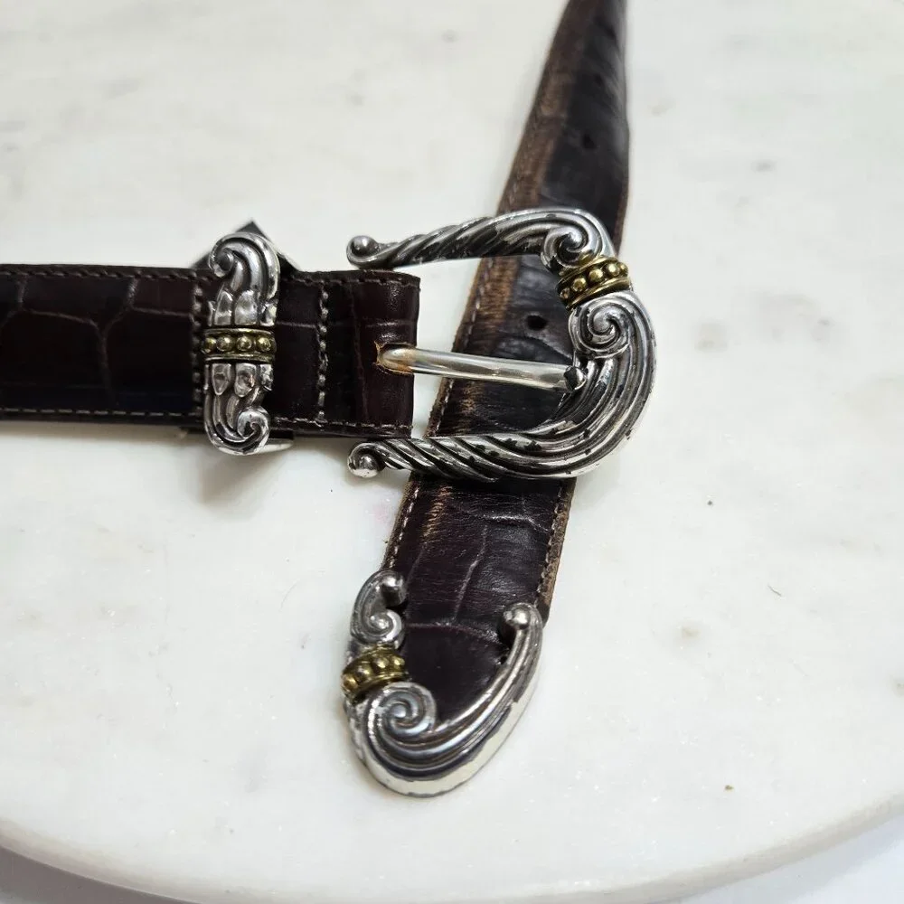 Brighton Belt Womens Large 34 Brown Leather Silver‎ Gold Tone Western Buckle